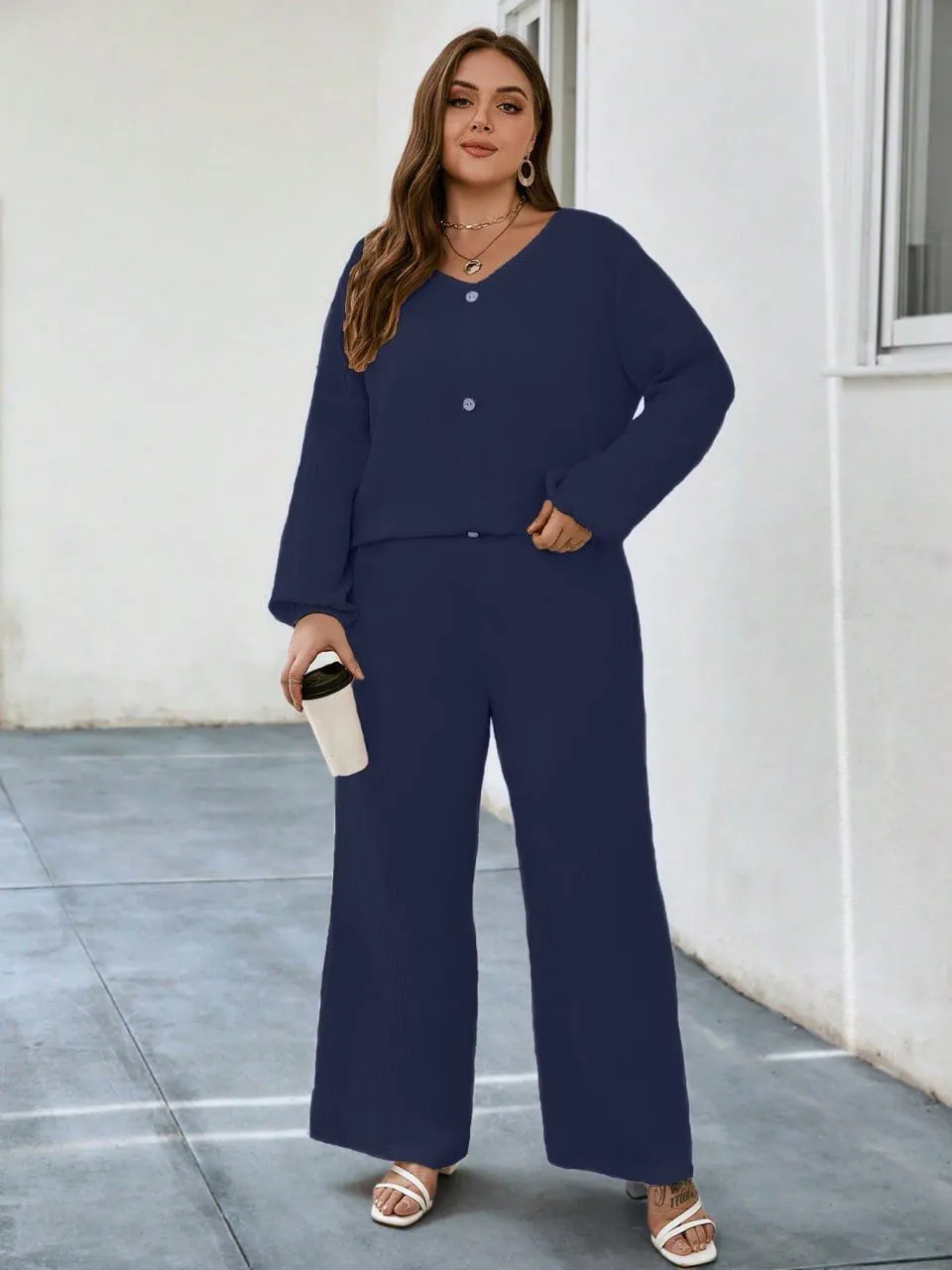 Solid Puff Sleeve V Neck Cord Set For Women bk - Image 12