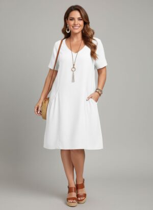Lovshy Solid Color Short Sleeve A-line Dress wh