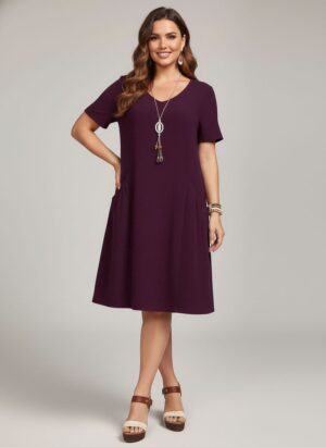 Lovshy Solid Color Short Sleeve A-line Dress