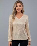 Lovshy Elegant Sequin Long Sleeve V-Neck Top gl