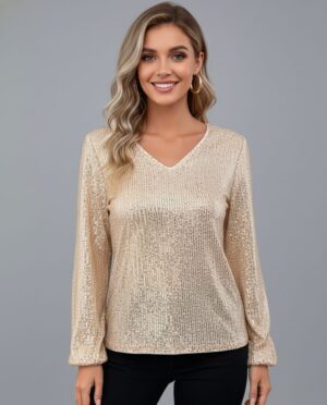 Lovshy Elegant Sequin Long Sleeve V-Neck Top