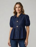 Lovshy Women Denim Peplum Top with Puff Sleeves