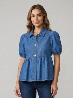 Lovshy Women Denim Peplum Top with Puff Sleeves lw