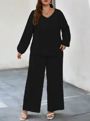 Solid Puff Sleeve V Neck Cord Set For Women bk