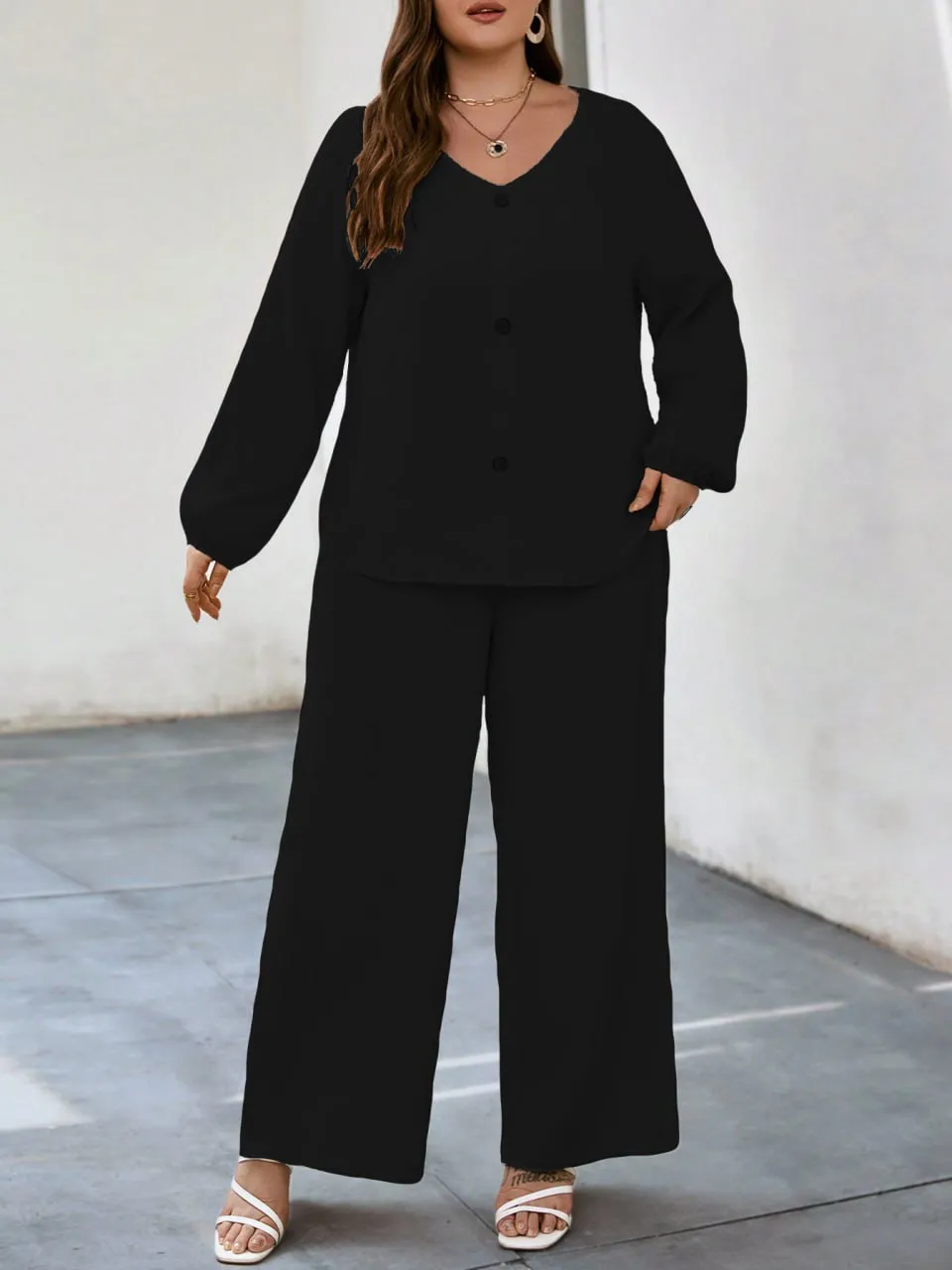 Solid Puff Sleeve V Neck Cord Set For Women bk