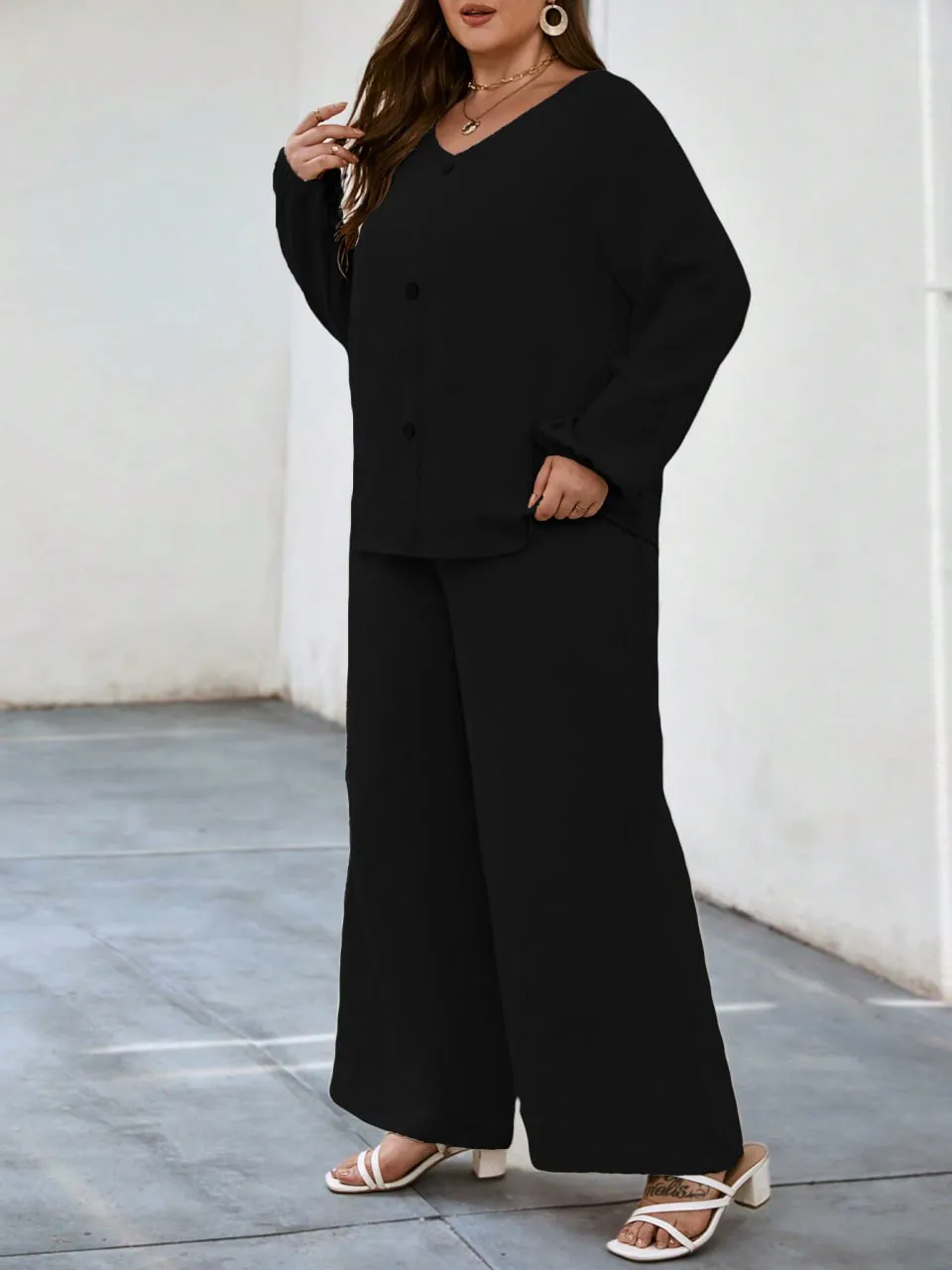 Solid Puff Sleeve V Neck Cord Set For Women bk - Image 10