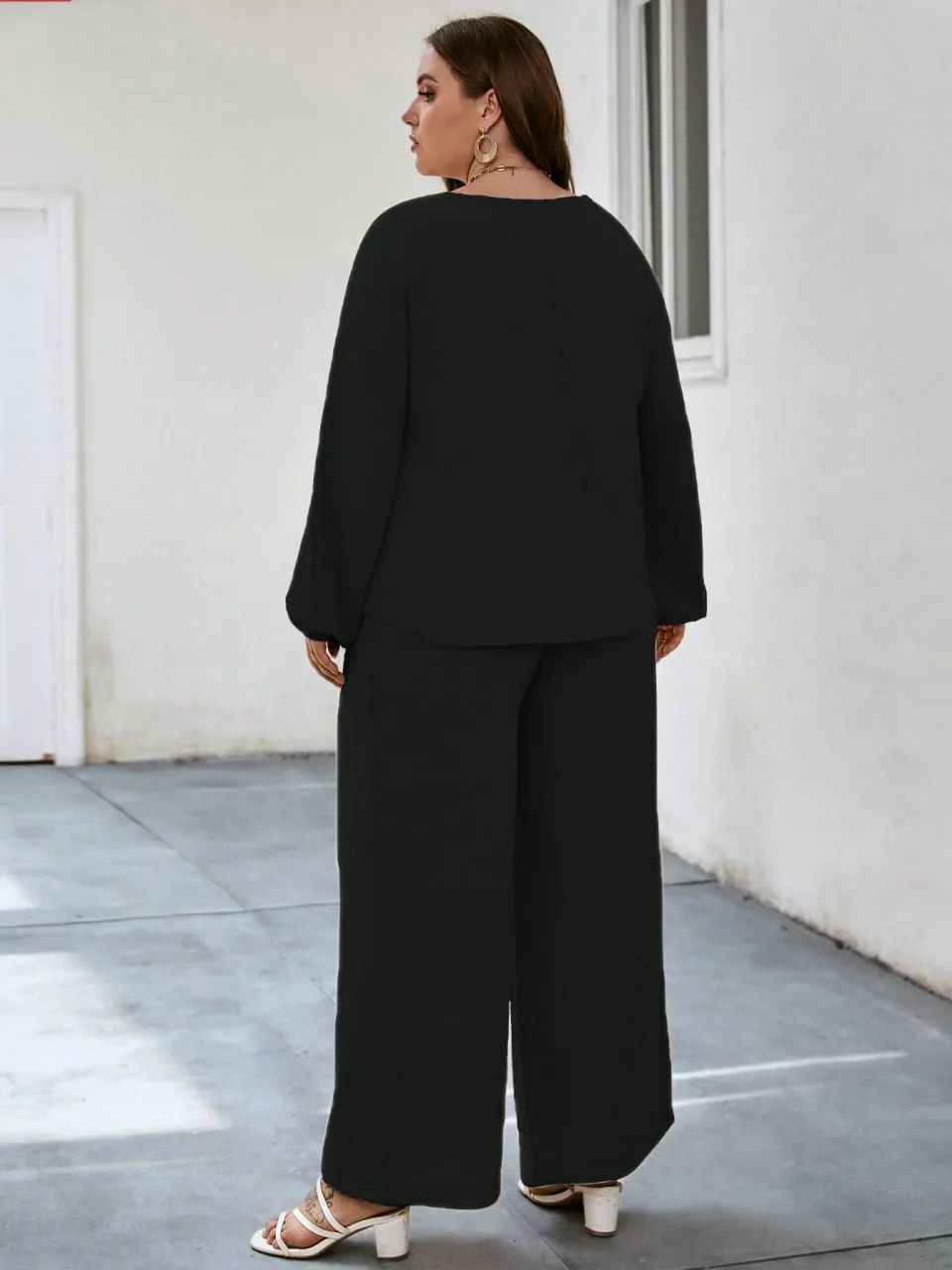 Solid Puff Sleeve V Neck Cord Set For Women bk - Image 11