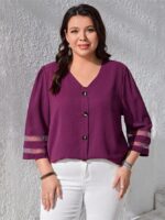 Elegant Mesh Insert Button-Front Blouse