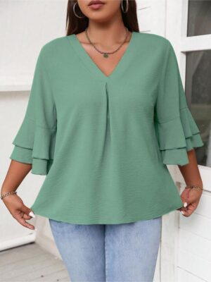 Elegant Solid Flounce Sleeve Blouse