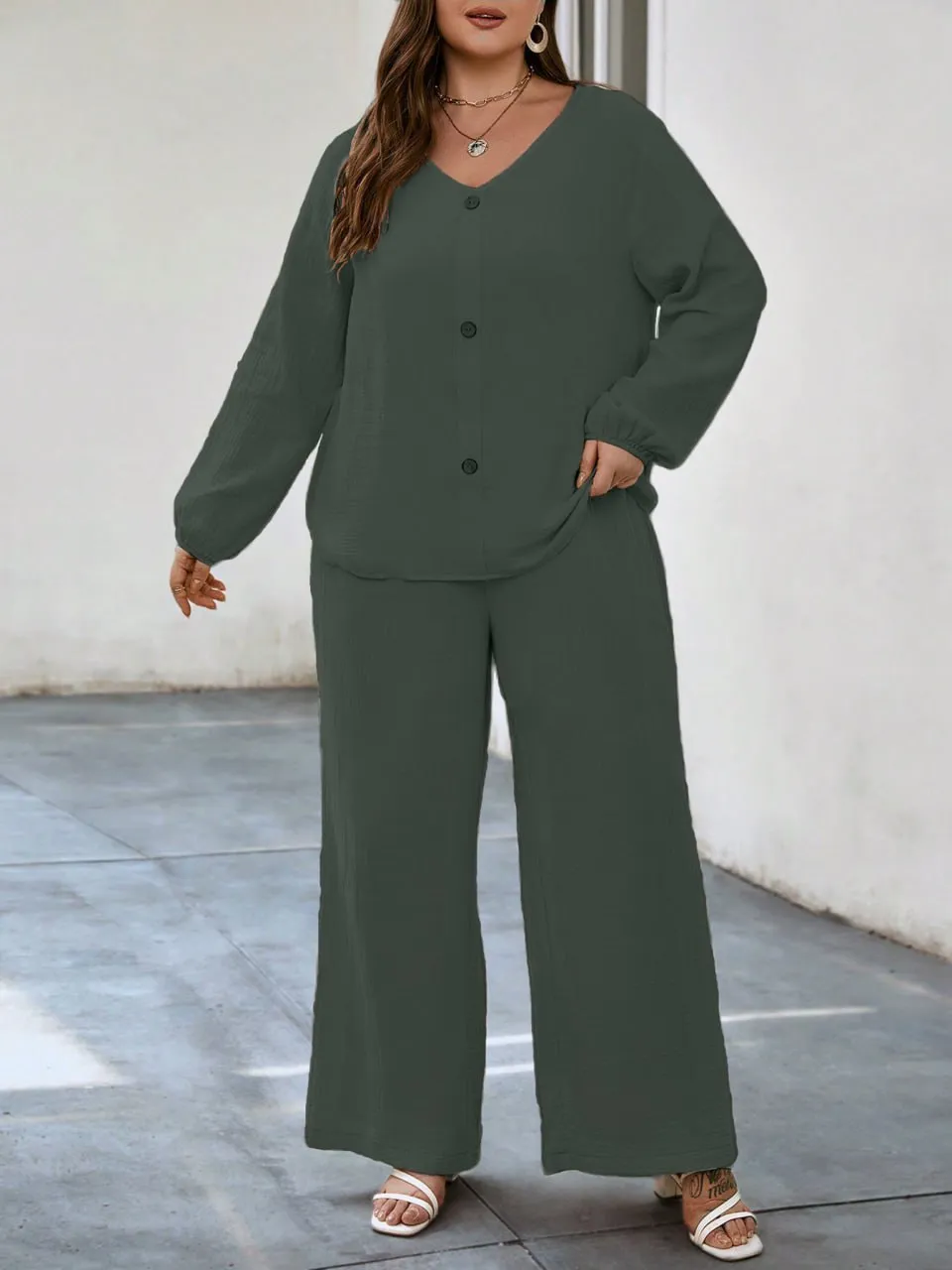 Solid Puff Sleeve V Neck Cord Set For Women bk - Image 5