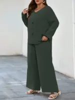 Solid Puff Sleeve V Neck Cord Set For Women gn