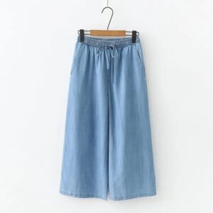 Summer Drawstring Pants Cotton Blue Calf-Length Jeans Pants Mom Elastic Waist Straight Pants Women (Copy)
