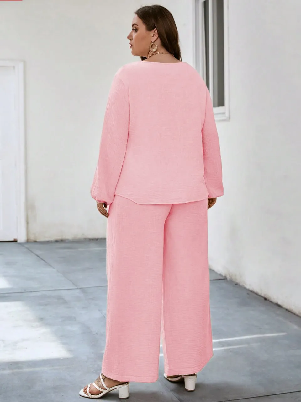 Solid Puff Sleeve V Neck Cord Set For Women bk - Image 2