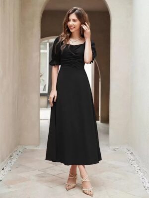 Neckline Puff Sleeve Pleated Long Dress bl