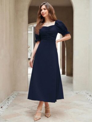 Neckline Puff Sleeve Pleated Long Dress nv