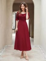 Neckline Puff Sleeve Pleated Long Dress