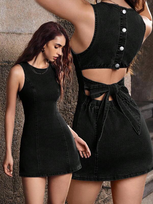 Lovshy Trendy Back Tie Design Denim Dress For Women - Image 7