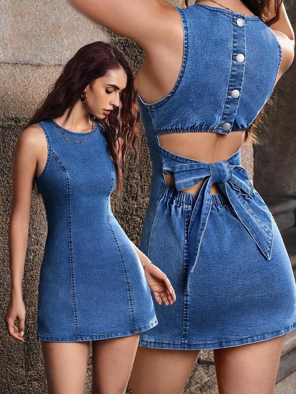 Lovshy Trendy Back Tie Design Denim Dress For Women