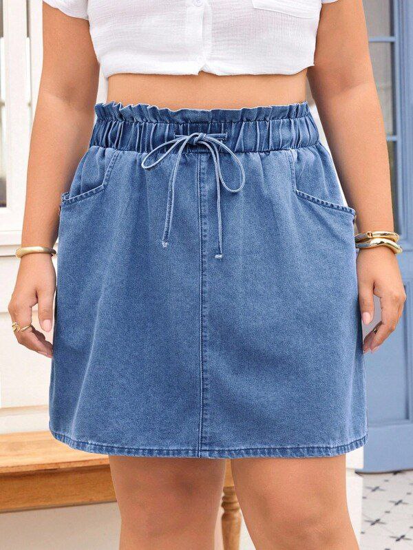 Comfort Fit Elastic Waist A-Line Denim Skirt - Image 2