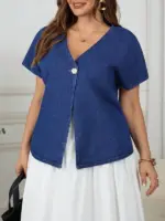 Lovshy Women’s Blue Denim V-Neck Button Front Casual Top