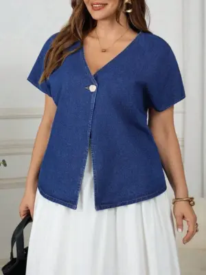 Lovshy Women’s Blue Denim V-Neck Button Front Casual Top