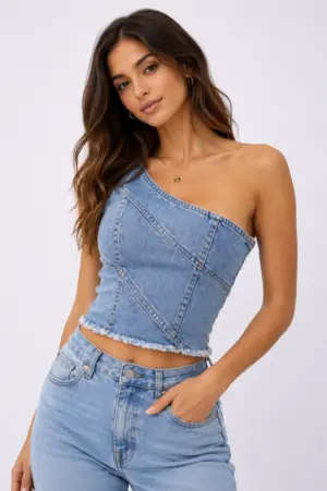 One Shoulder Denim Crop Top – Back Zip Bodycon Corset